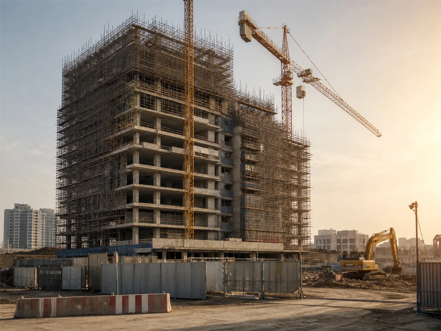 High-rise construction site with crane and temporary perimeter fencing.