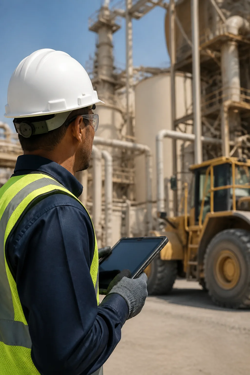 Industrial worker in helmet, safety vest, gloves, and protective glasses.