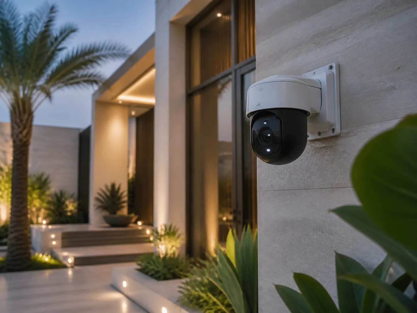 Smart security camera mounted on a modern villa exterior.