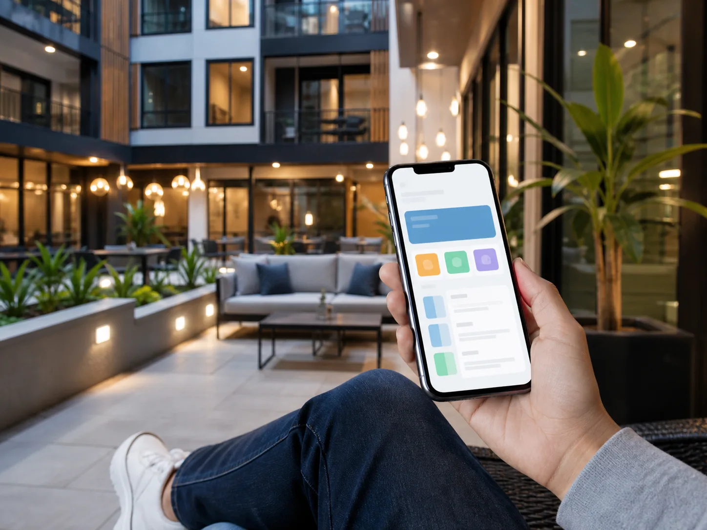 Resident using a property app in a modern residential community courtyard.