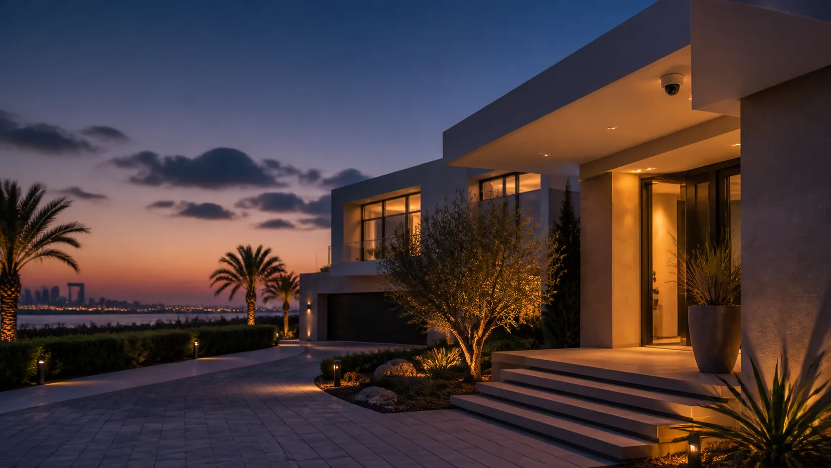 Modern Gulf villa at dusk with warm lighting and a visible security camera.